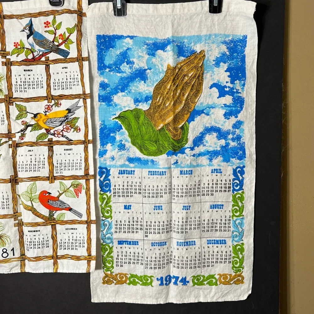VTG Linen Calendar Wall Hanging Tea Towel 1974 and 1981 CottageCore Arts & Craft